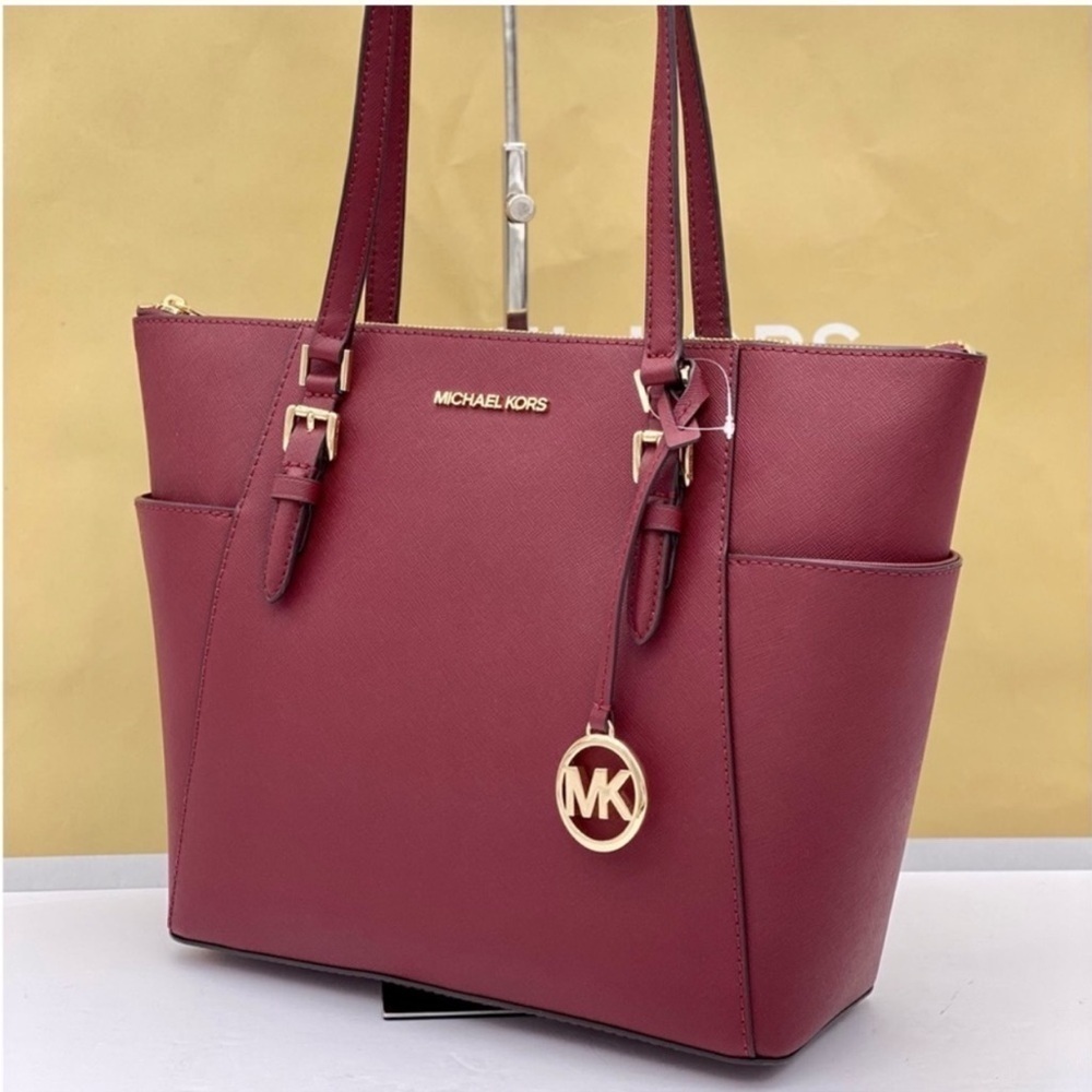 Michael Kors Charlotte Leather Tote Shoulder Bag Dark Cherry - Picture 7 of 11